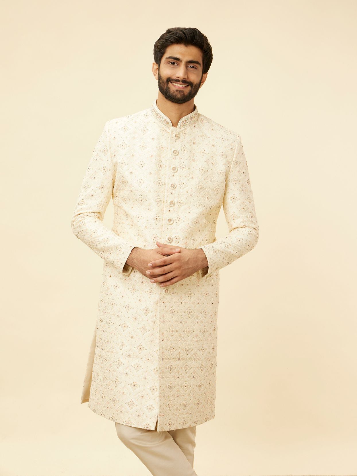 Manyavar Men Cream Hand Embroidered Sherwani