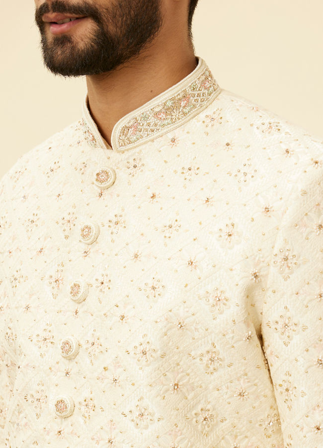 Manyavar Men Cream Hand Embroidered Sherwani