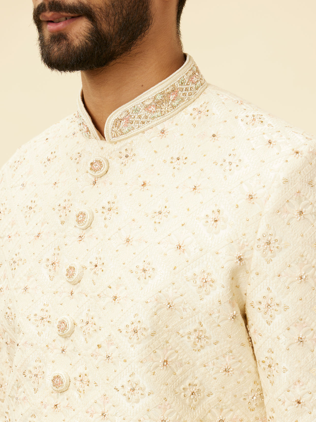 Manyavar Men Cream Hand Embroidered Sherwani