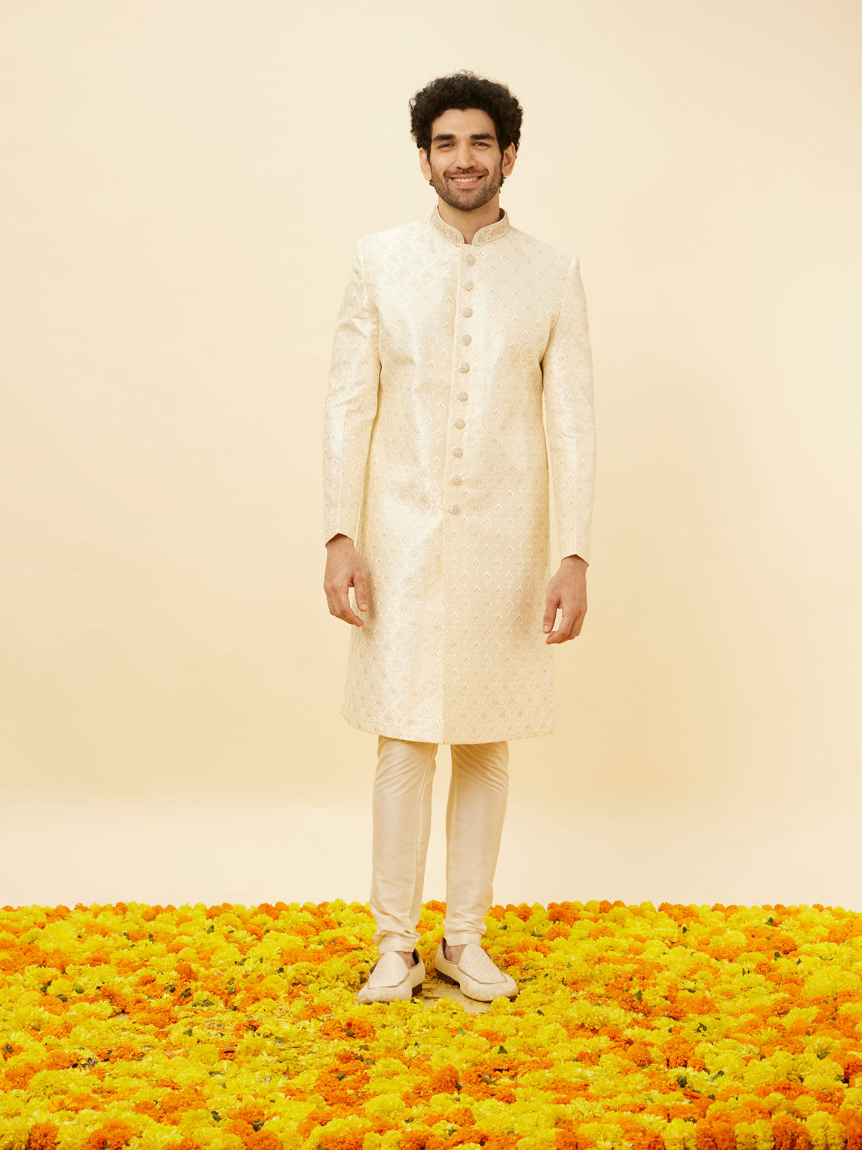 Manyavar Men Dew Pink Flower Bud Patterned Sherwani Set