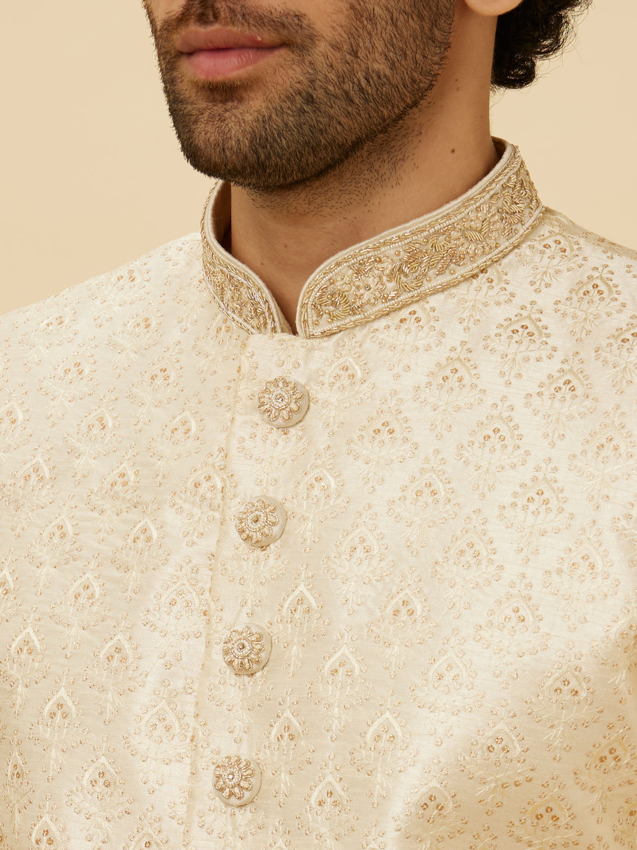 Manyavar Men Dew Pink Flower Bud Patterned Sherwani Set
