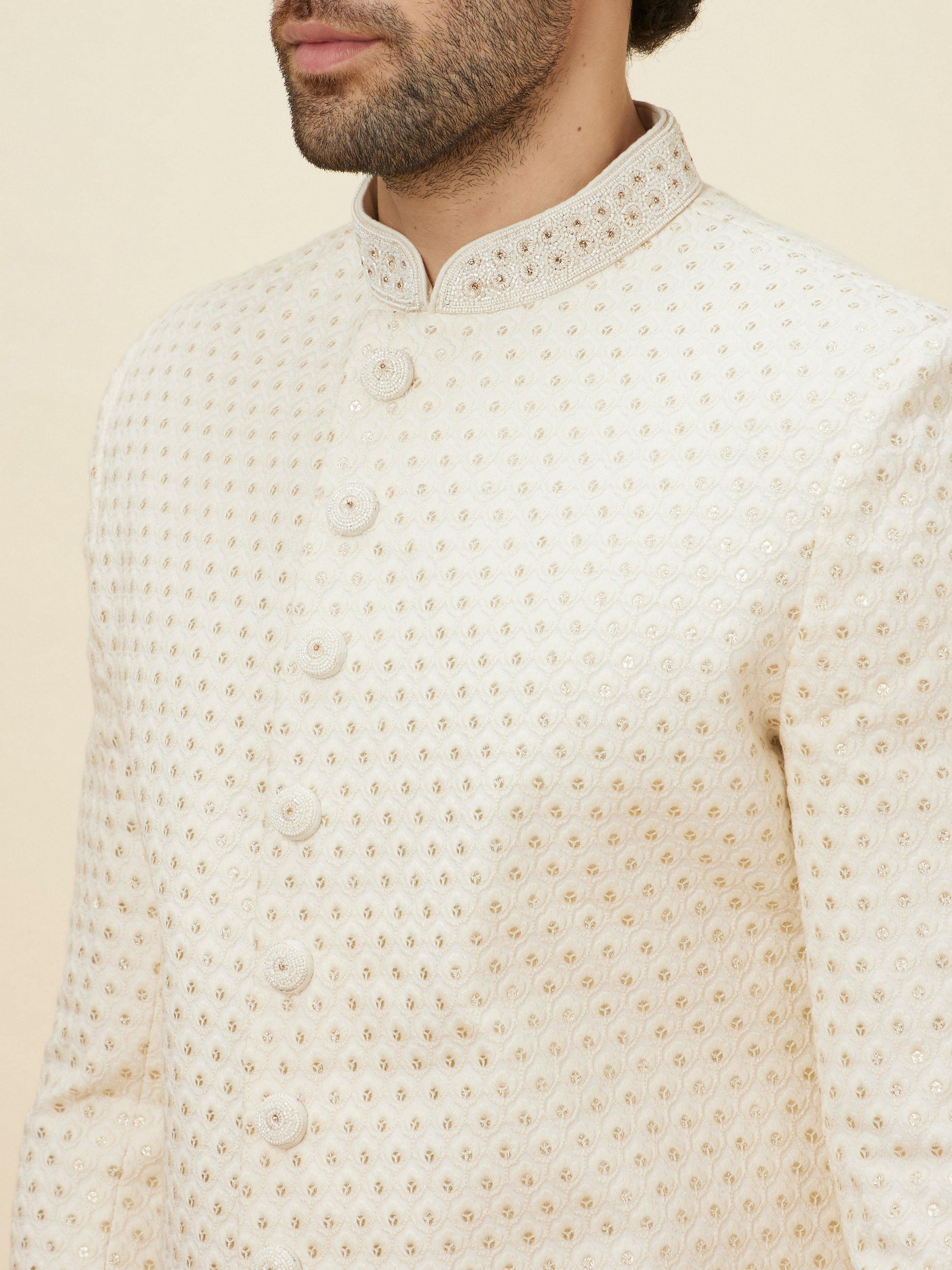 Manyavar Men Cream Sequined Buta Patterned Sherwani Set