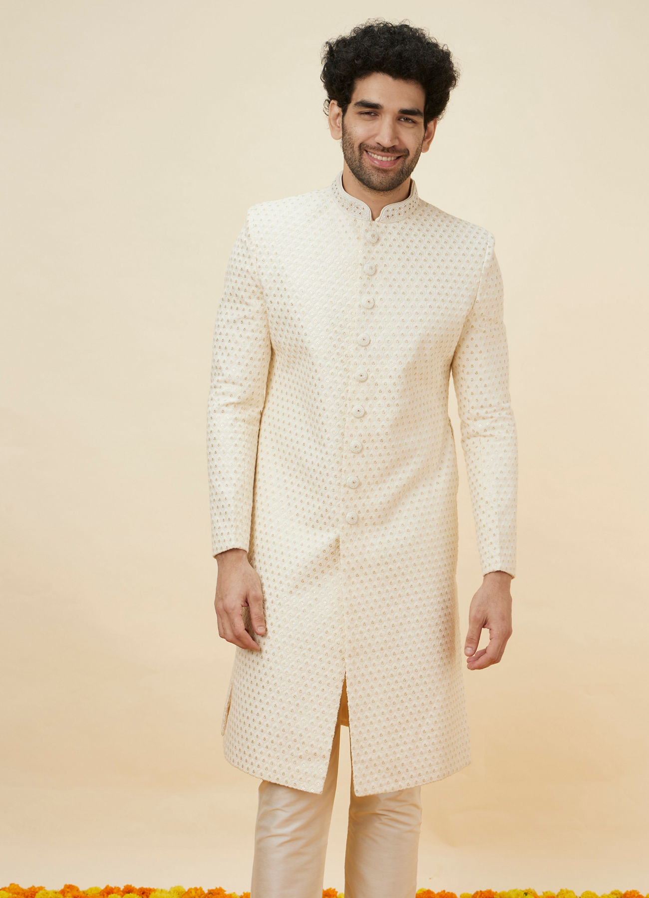 Manyavar Men Cream Sequined Buta Patterned Sherwani Set