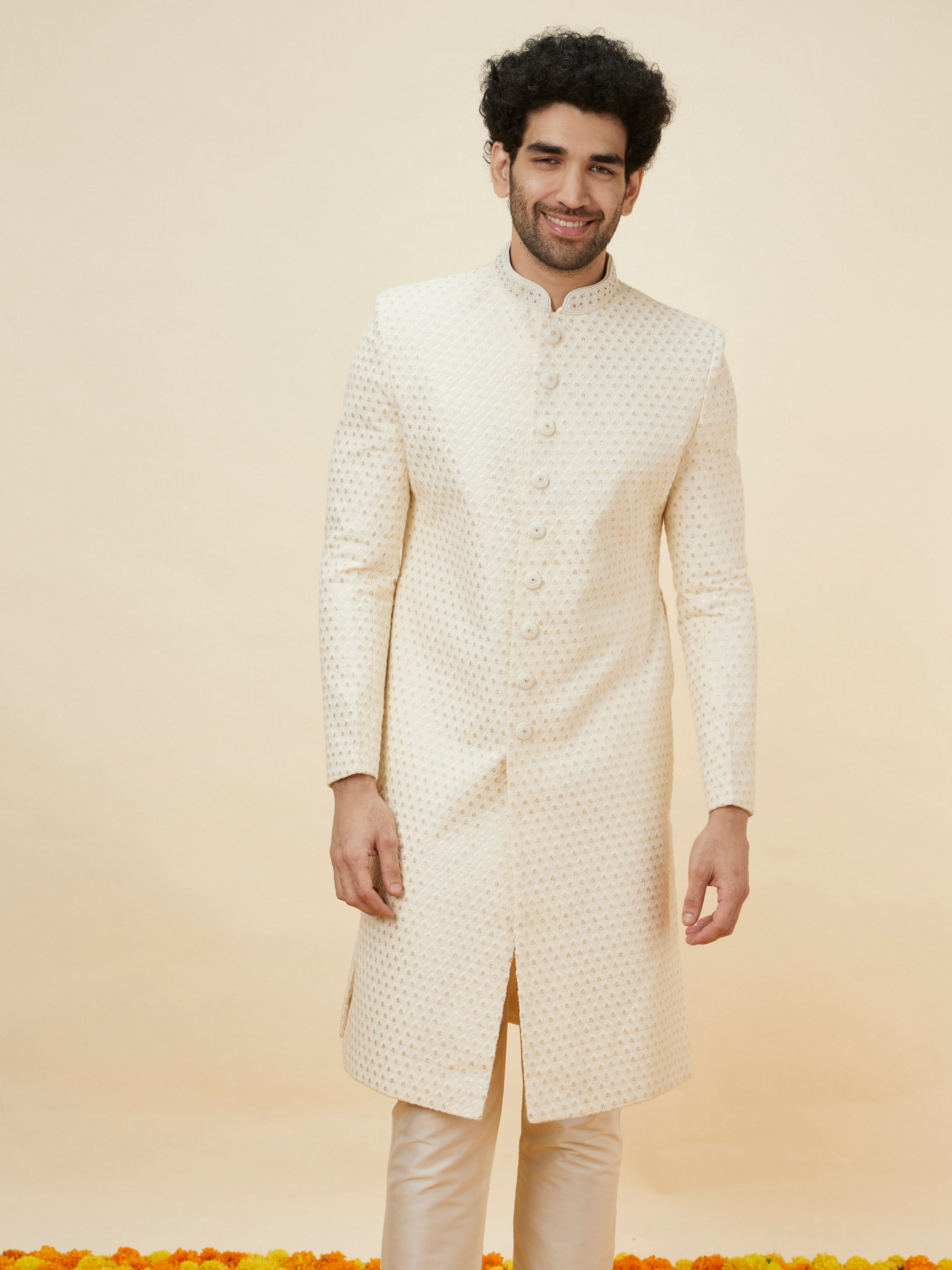 Manyavar Men Cream Sequined Buta Patterned Sherwani Set
