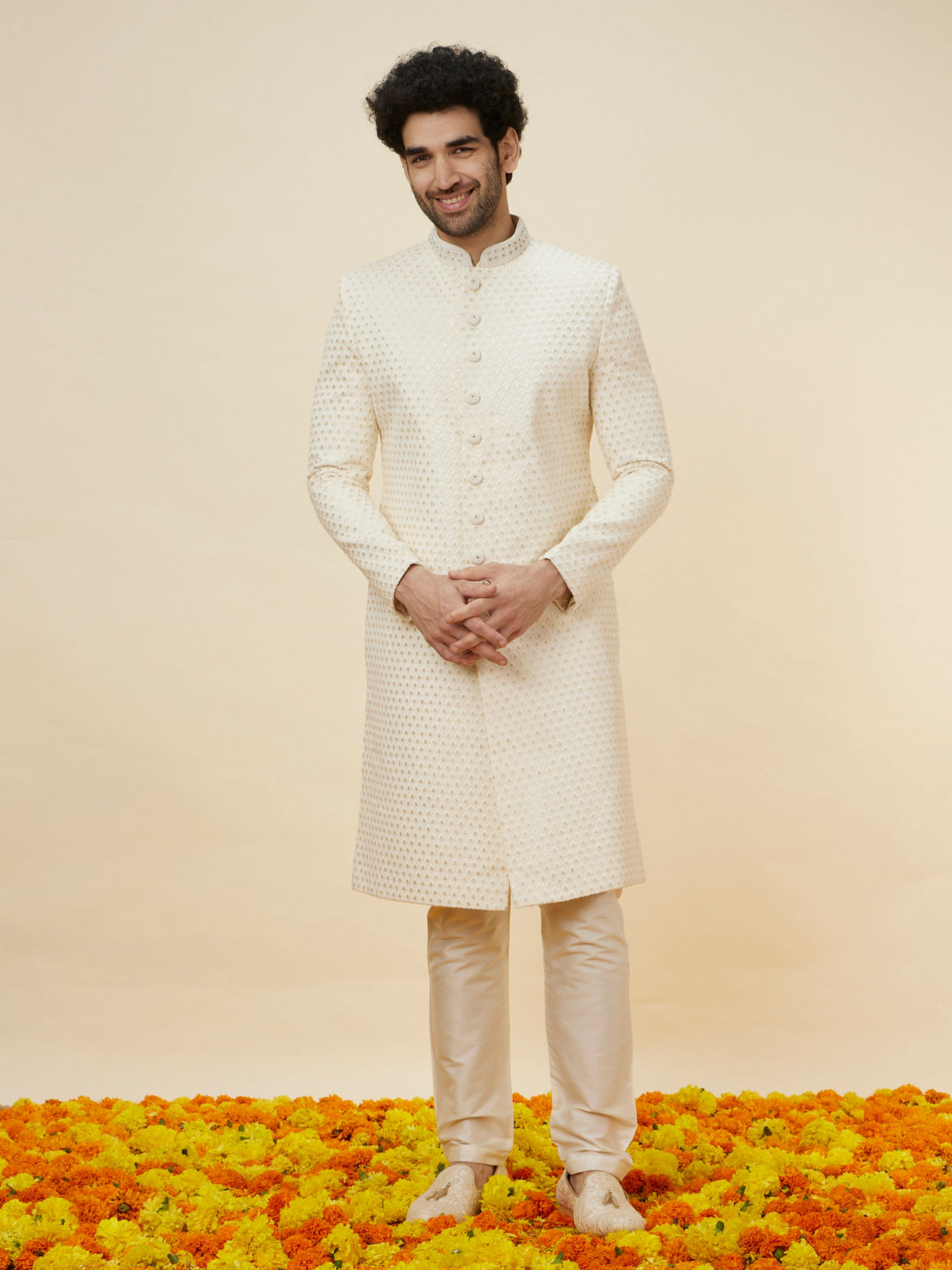 Manyavar Men Cream Sequined Buta Patterned Sherwani Set