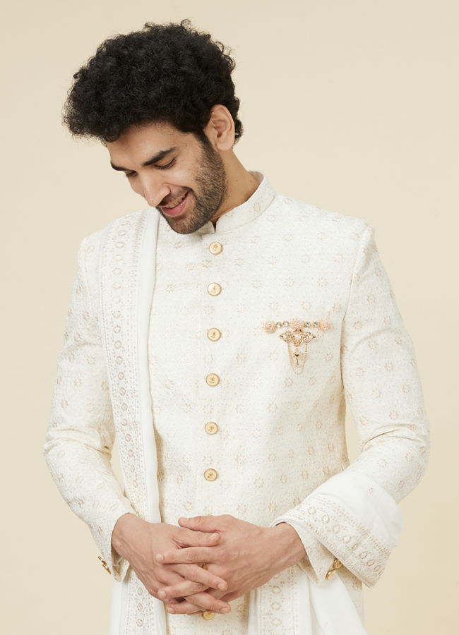 Classic Cream Patterned Sherwani Set image number 0