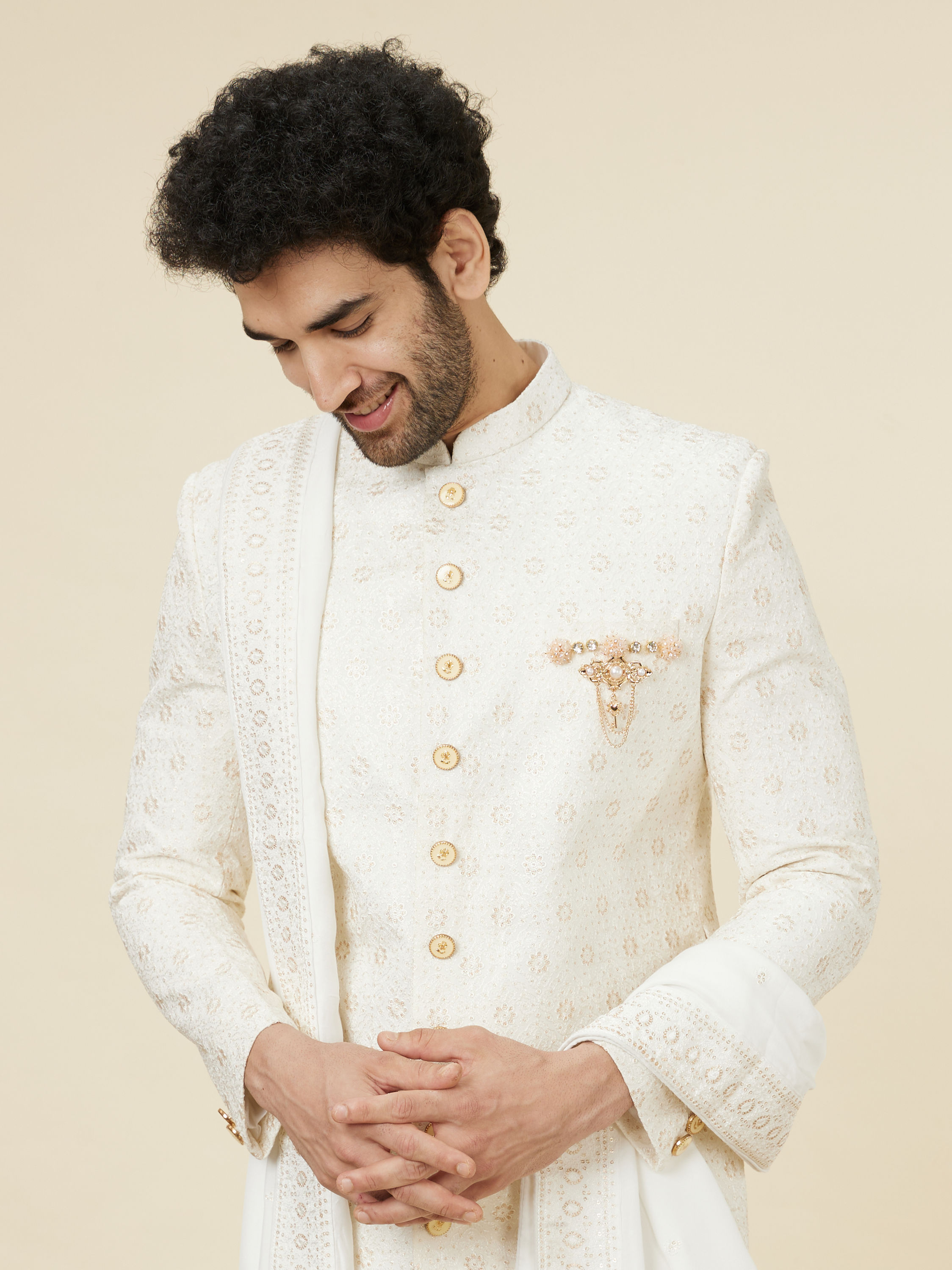 Manyavar Men Classic Cream Patterned Sherwani Set