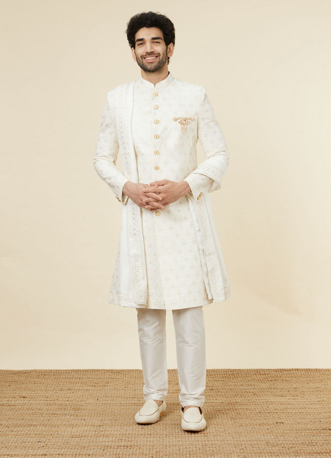 Classic Cream Patterned Sherwani Set image number 2