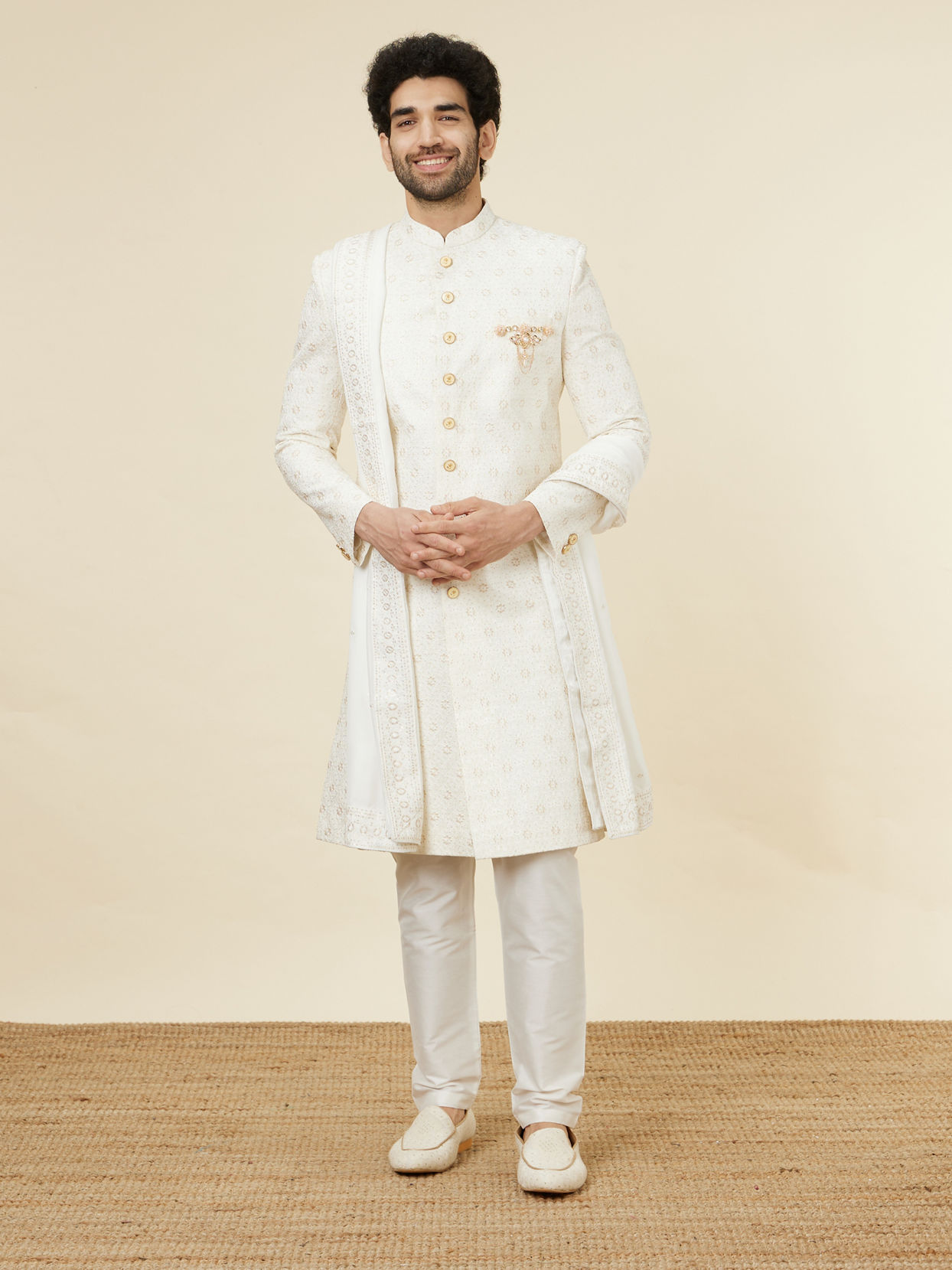 Manyavar Men Classic Cream Patterned Sherwani Set