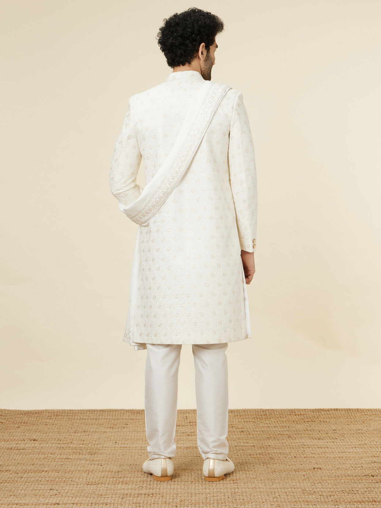 Classic Cream Patterned Sherwani Set image number 4