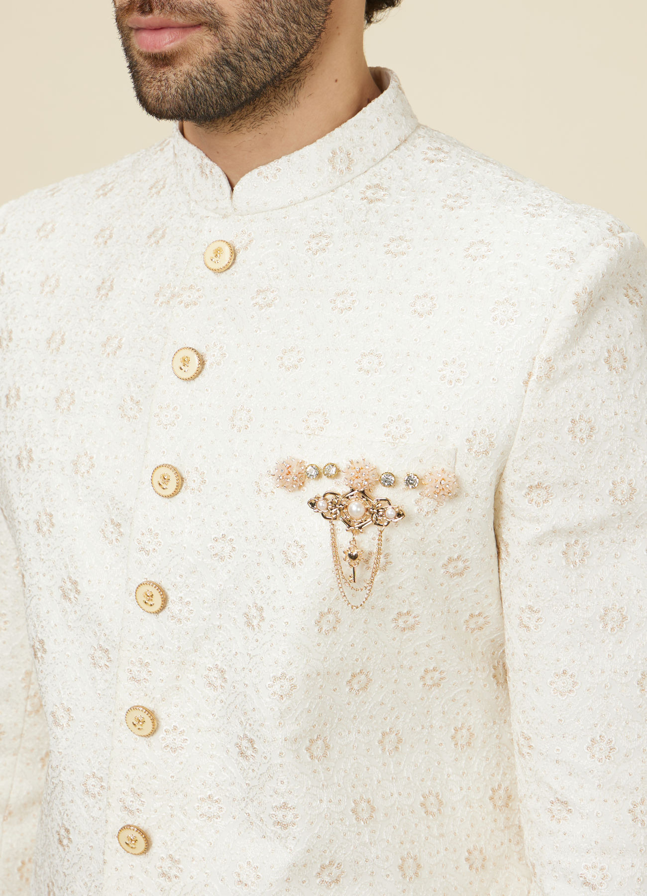 Manyavar Men Classic Cream Patterned Sherwani Set