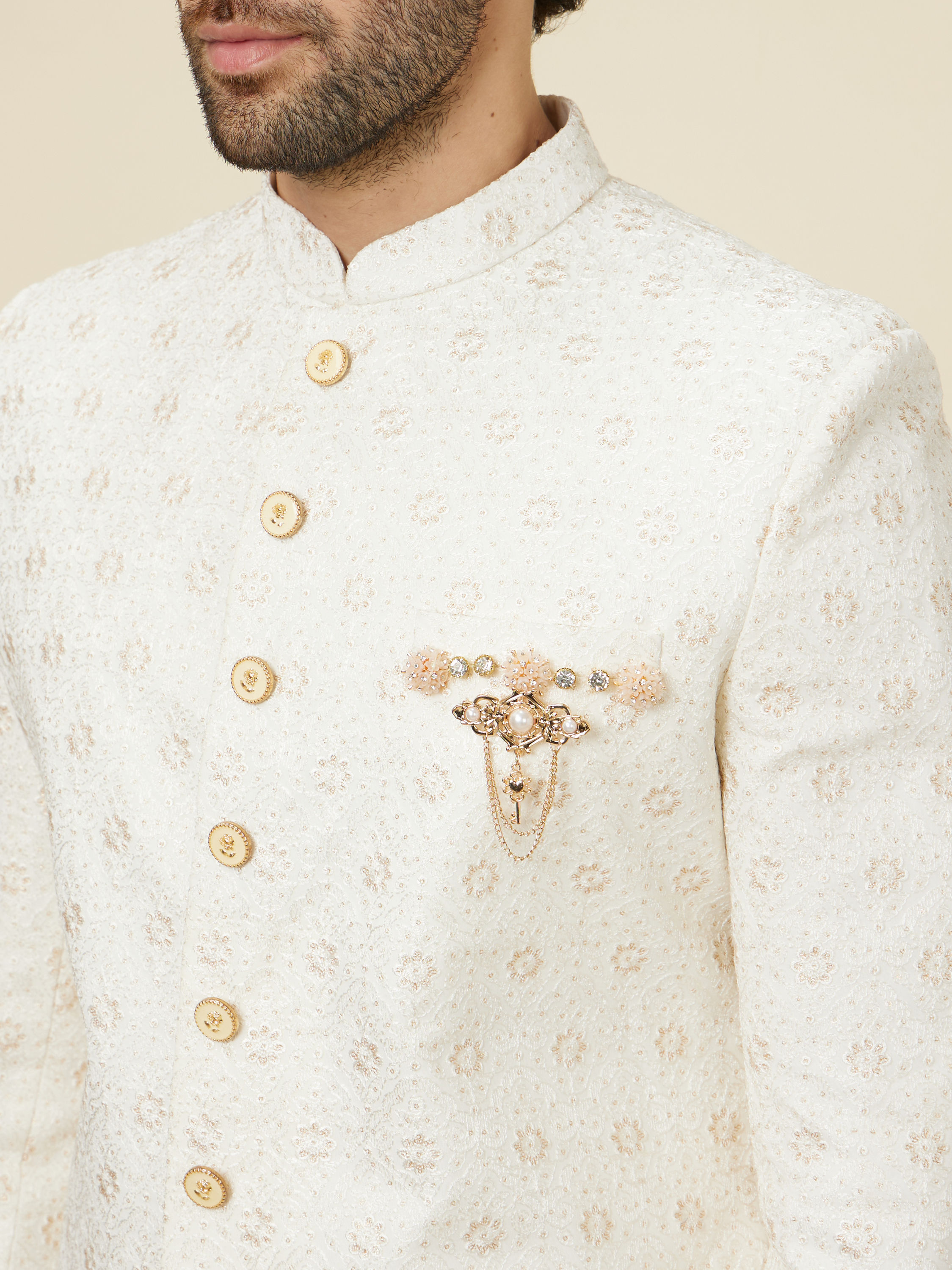 Manyavar Men Classic Cream Patterned Sherwani Set