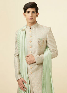 alt message - Manyavar Men Light Pastel Green Self design Sherwani image number 0