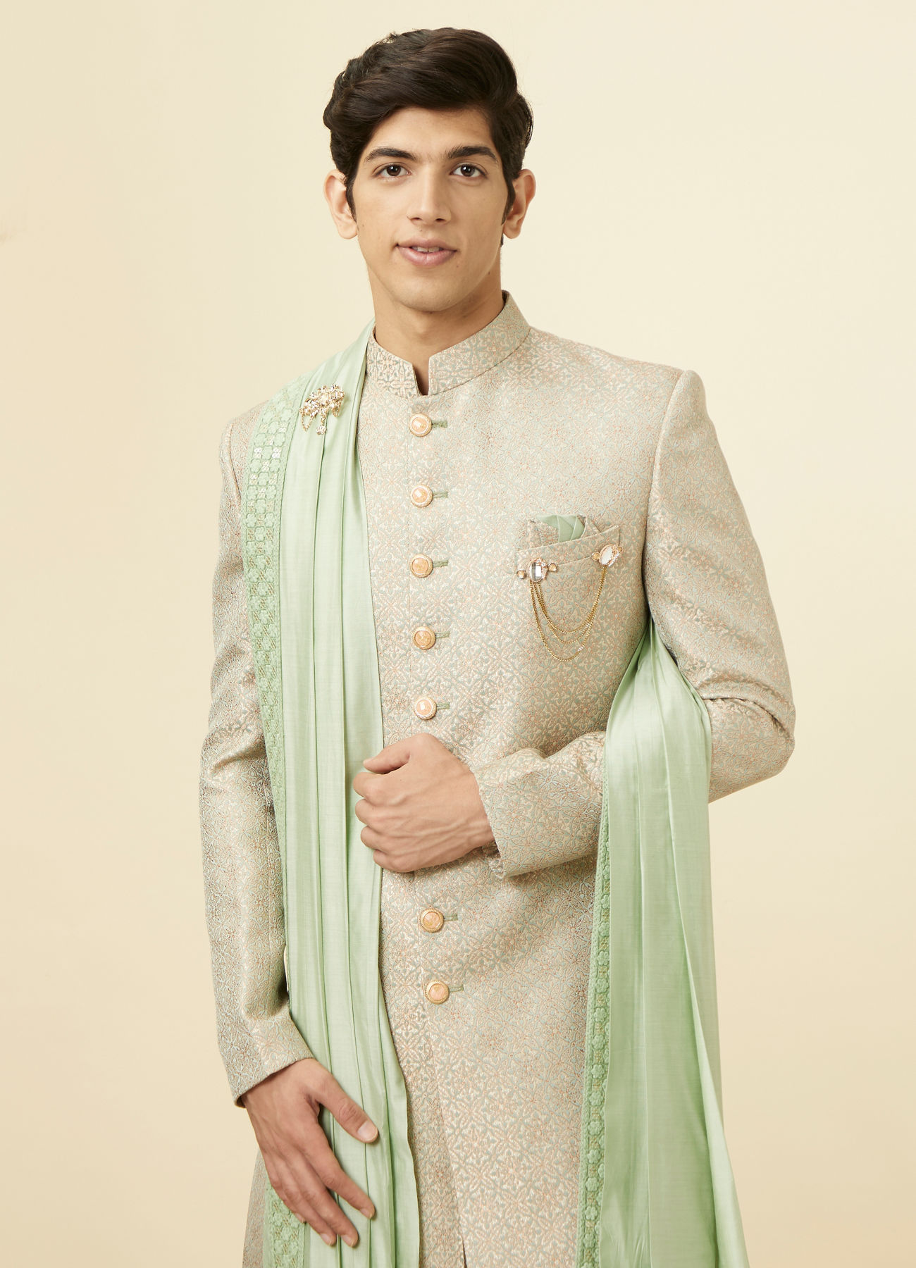 Manyavar Men Green Brocade Jacquard Embroidered Sherwani