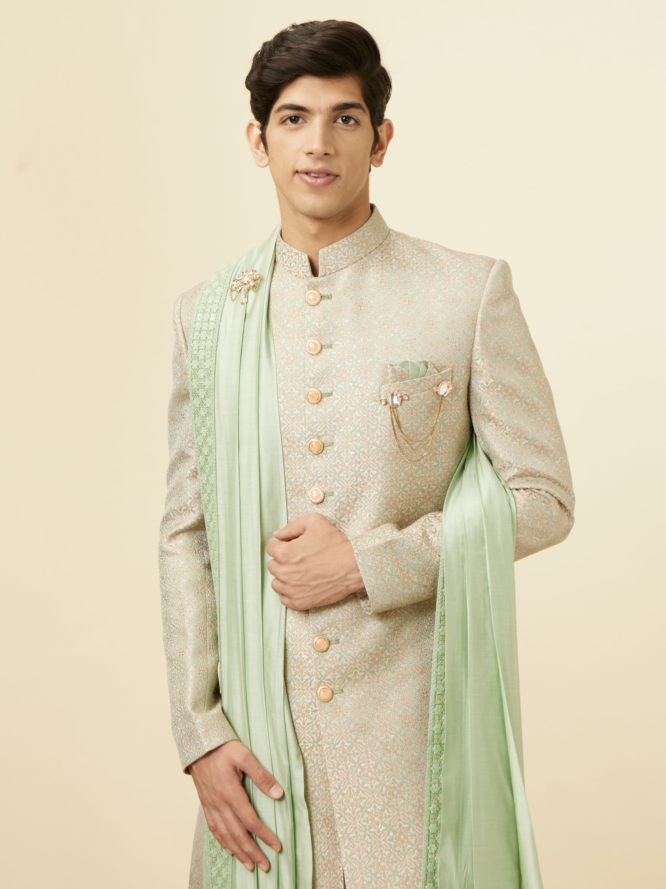 Manyavar Men Green Brocade Jacquard Embroidered Sherwani