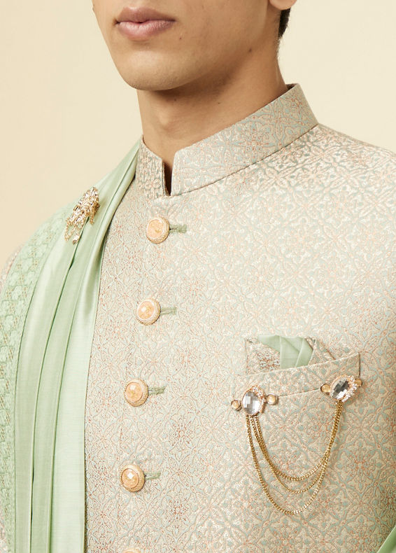 Manyavar Men Green Brocade Jacquard Embroidered Sherwani