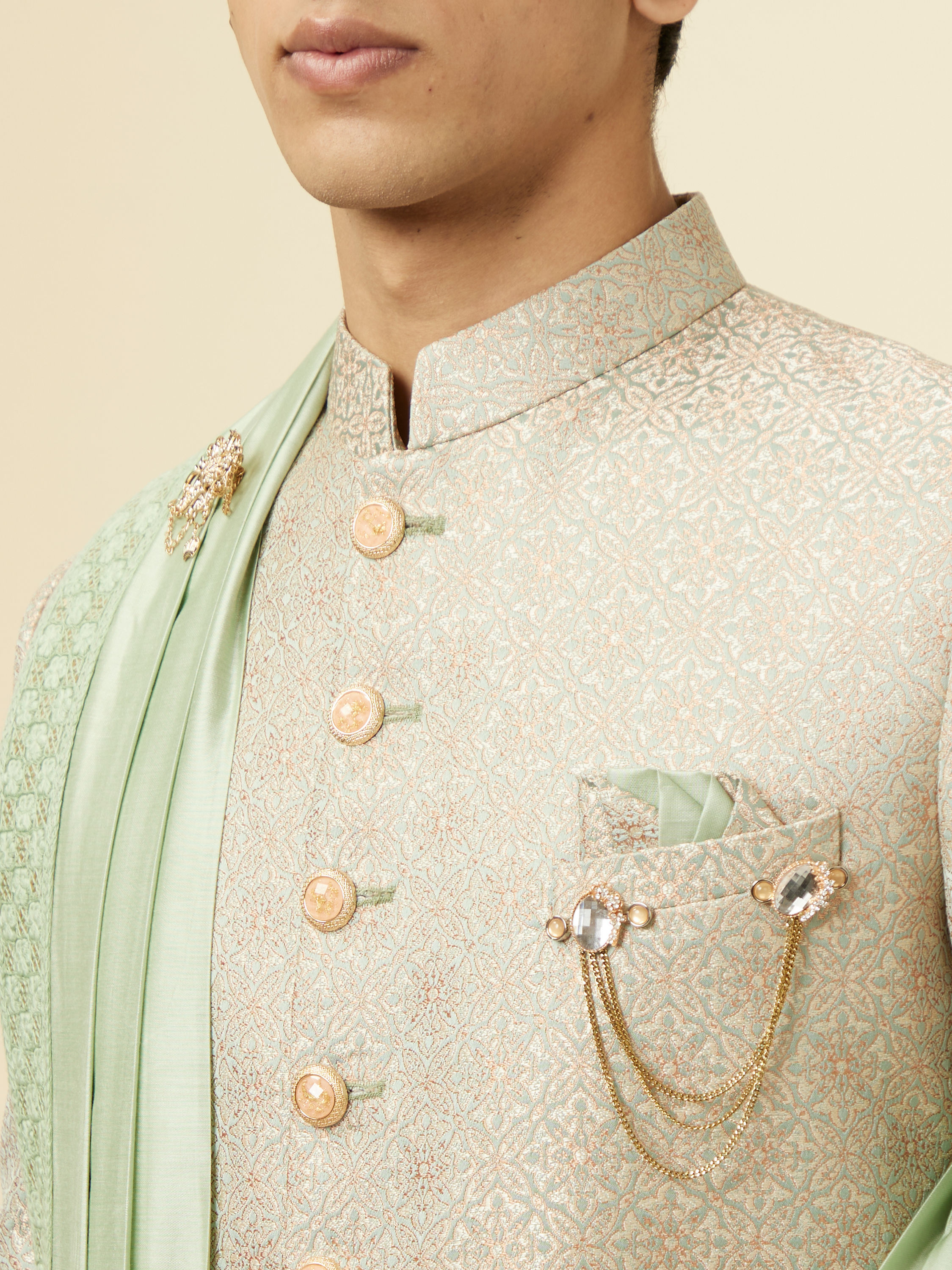 Manyavar Men Green Brocade Jacquard Embroidered Sherwani