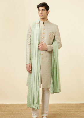 alt message - Manyavar Men Green Brocade Jacquard Embroidered Sherwani image number 2