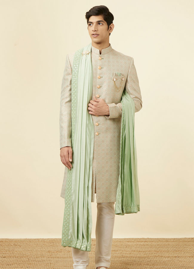 alt message - Manyavar Men Green Brocade Jacquard Embroidered Sherwani image number 2