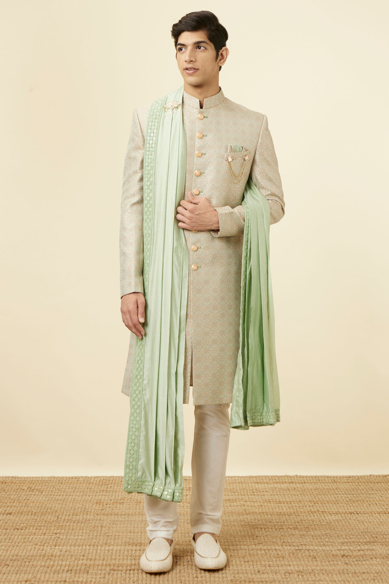 Light Pastel Green Self design Sherwani image number 2