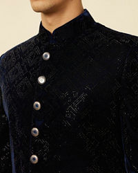 Manyavar Men Midnight Blue Diamond Patterned Sherwani Set