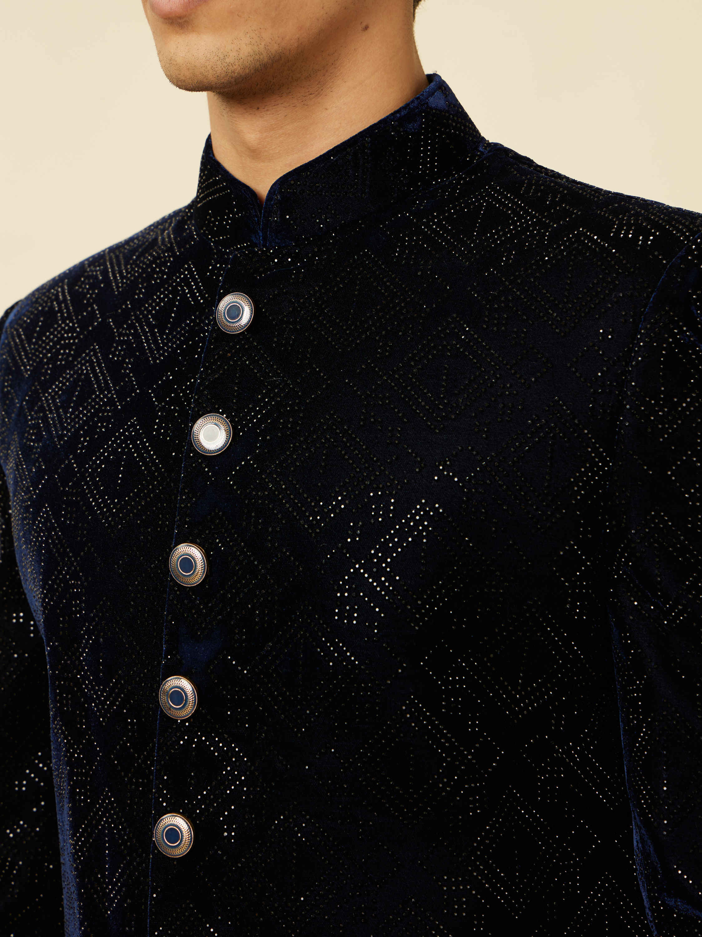 Manyavar Men Midnight Blue Diamond Patterned Sherwani Set