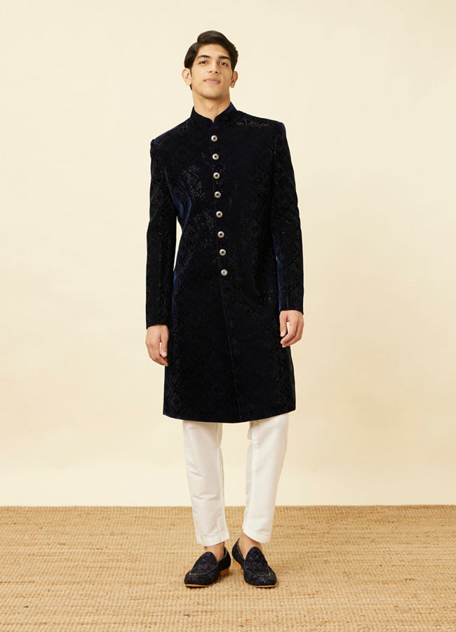 alt message - Manyavar Men Midnight Blue Diamond Patterned Sherwani Set image number 2