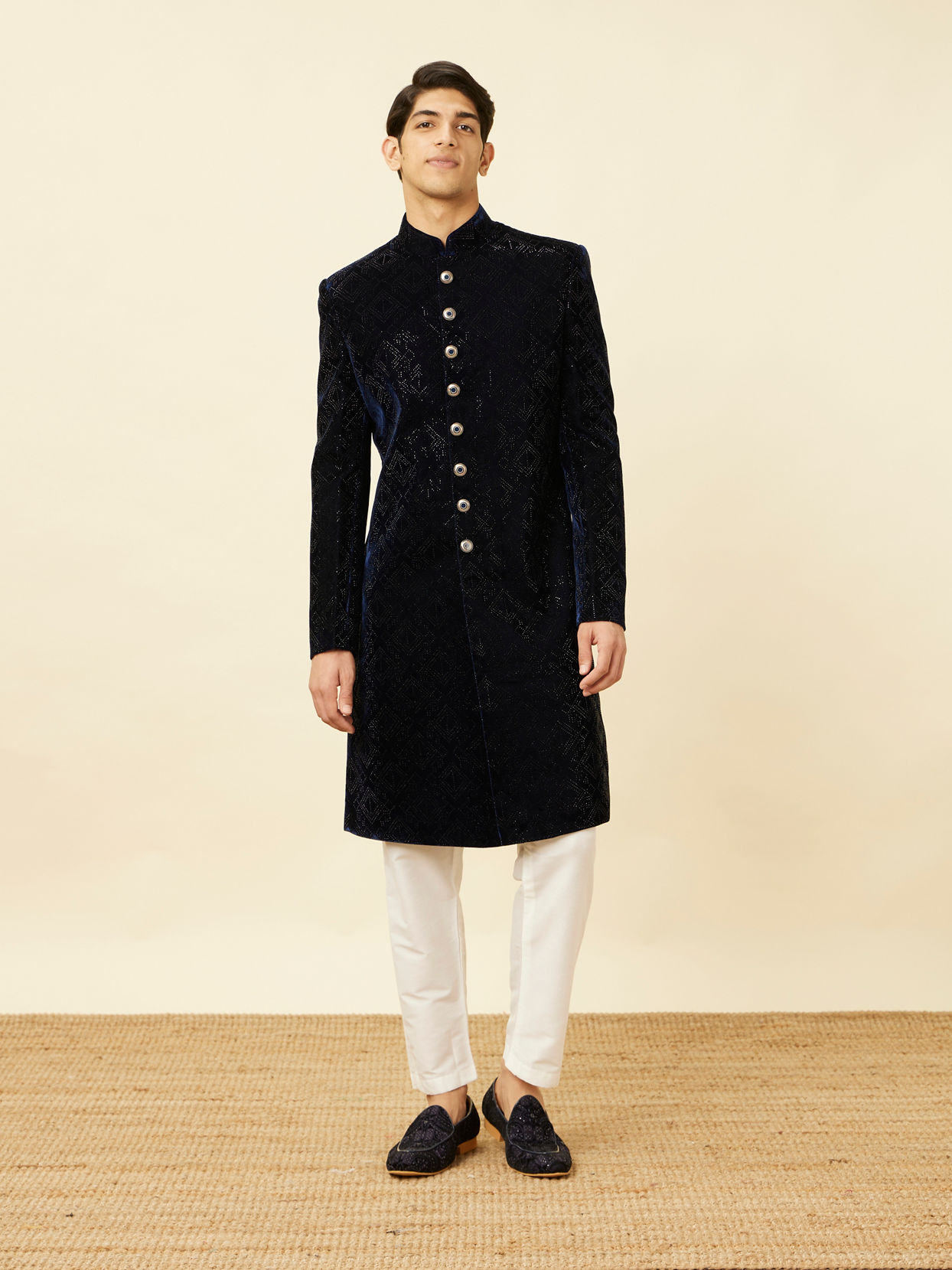 alt message - Manyavar Men Midnight Blue Diamond Patterned Sherwani Set image number 2