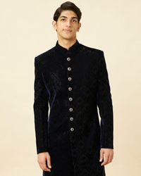 Manyavar Men Midnight Blue Diamond Patterned Sherwani Set