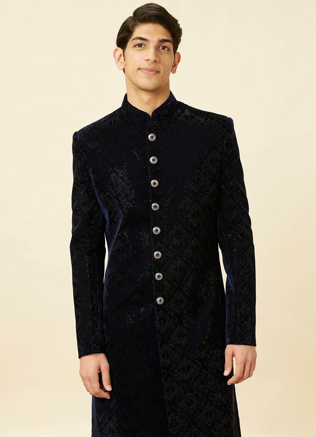 Midnight Blue Diamond Patterned Sherwani Set image number 0