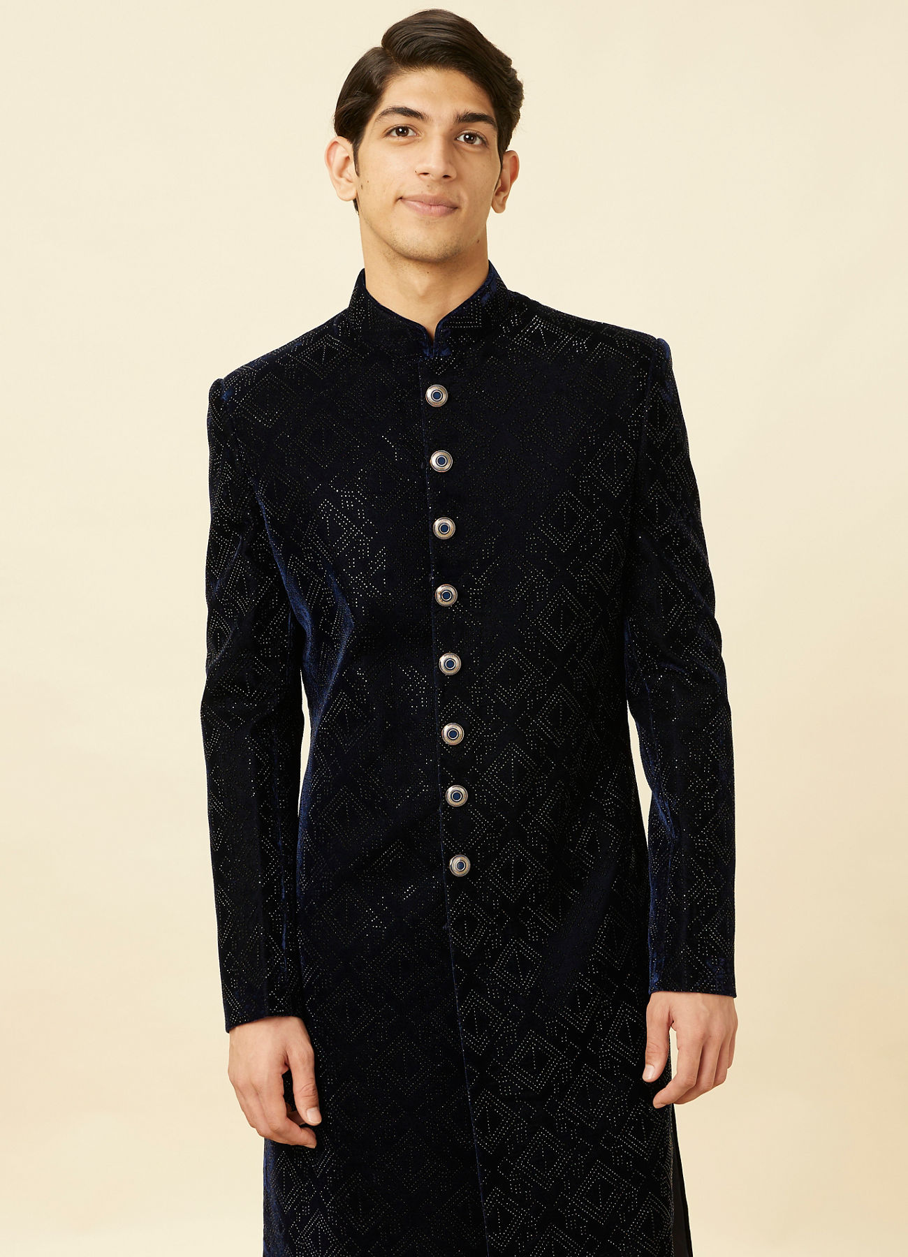 Manyavar Men Midnight Blue Diamond Patterned Sherwani Set