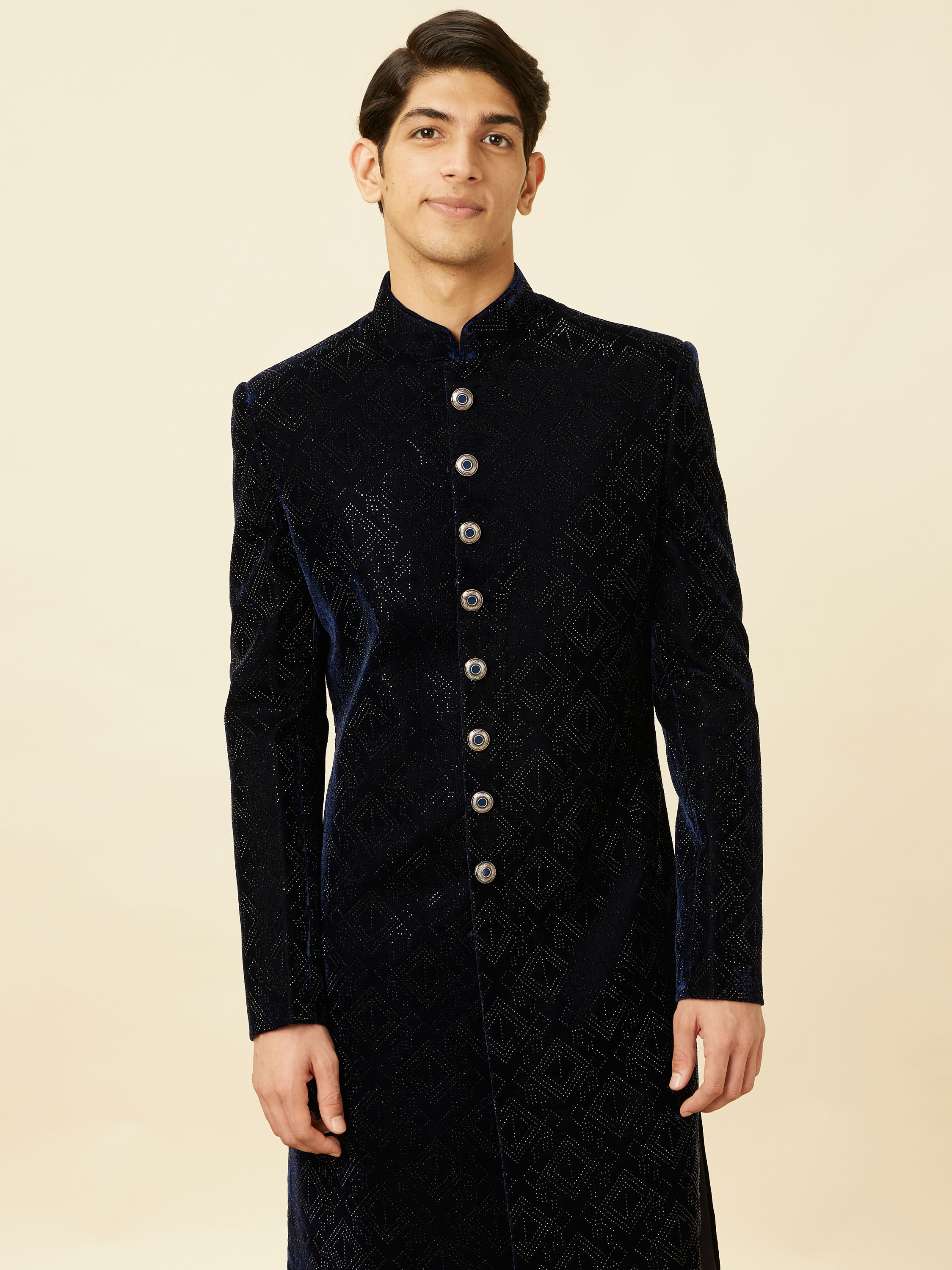 Manyavar Men Midnight Blue Diamond Patterned Sherwani Set