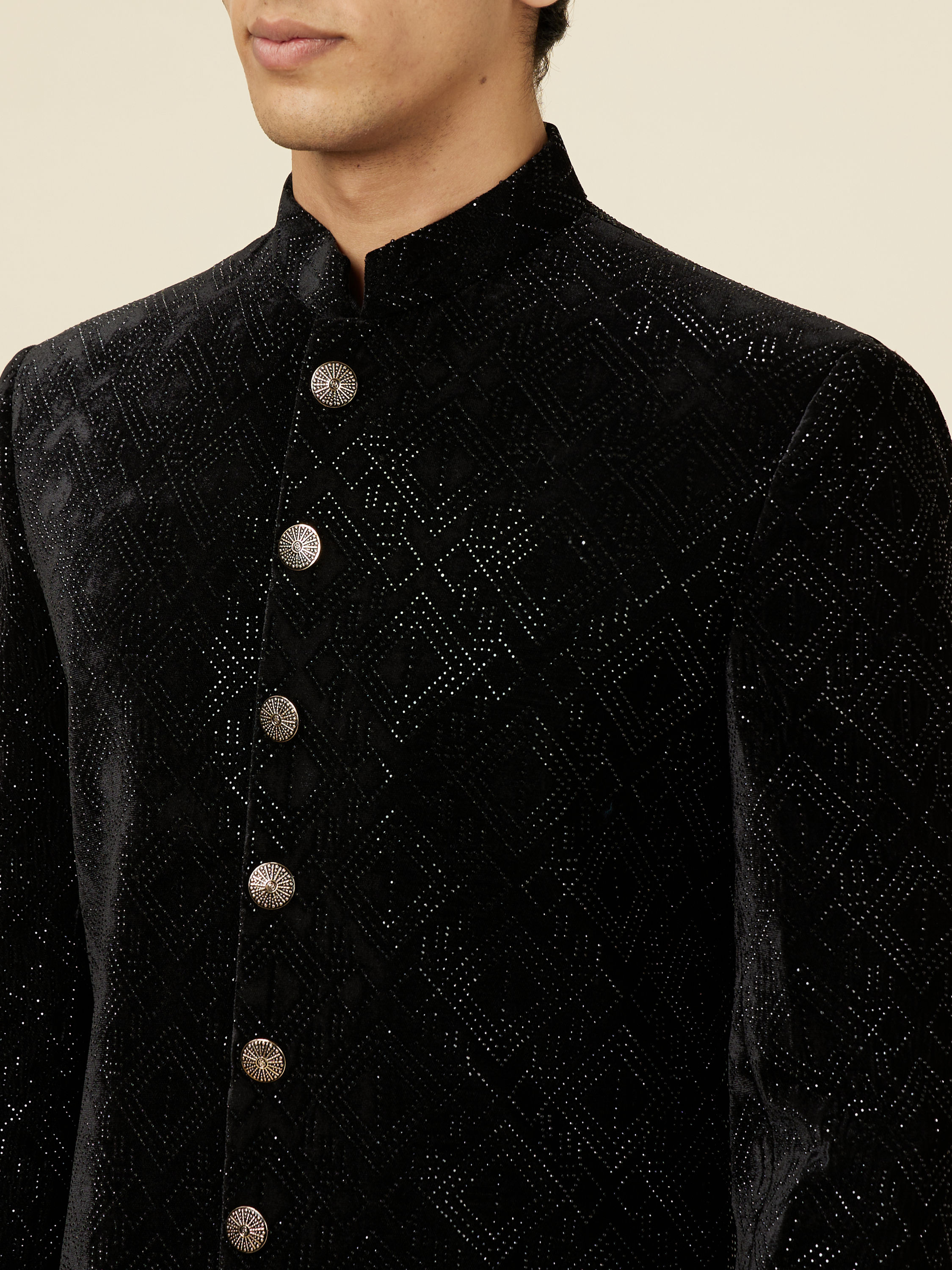 Manyavar Men Kohl Black Diamond Patterned Sequined Sherwani Set