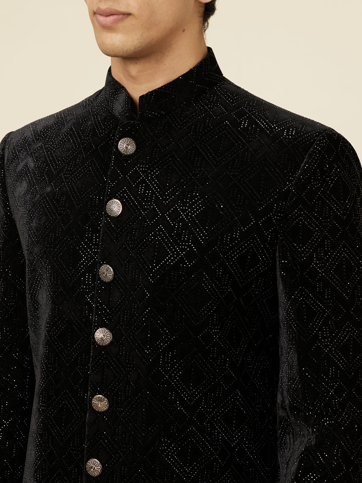 alt message - Manyavar Men Kohl Black Diamond Patterned Sequined Sherwani Set image number 1