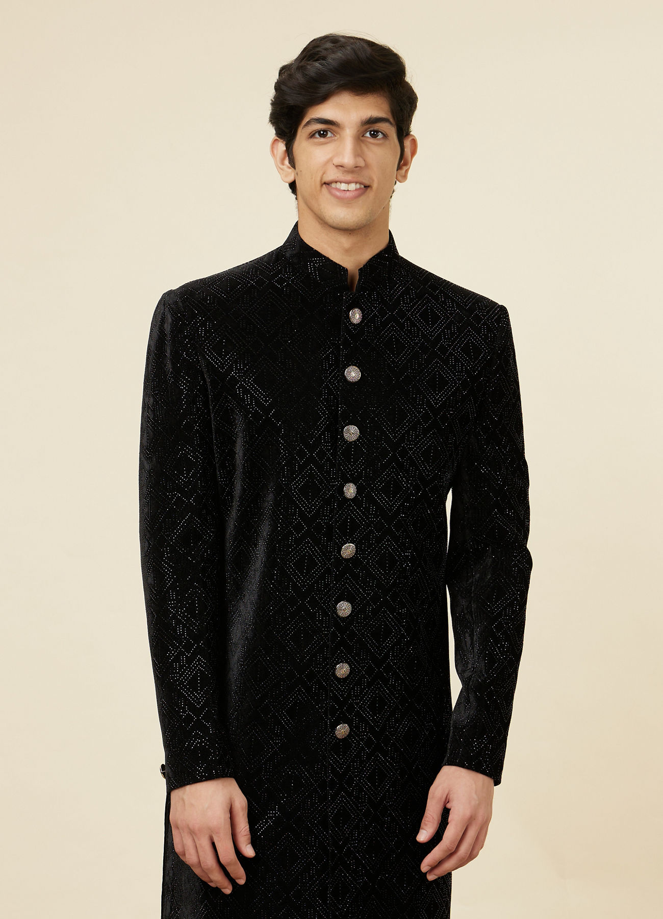 Manyavar Men Kohl Black Diamond Patterned Sequined Sherwani Set