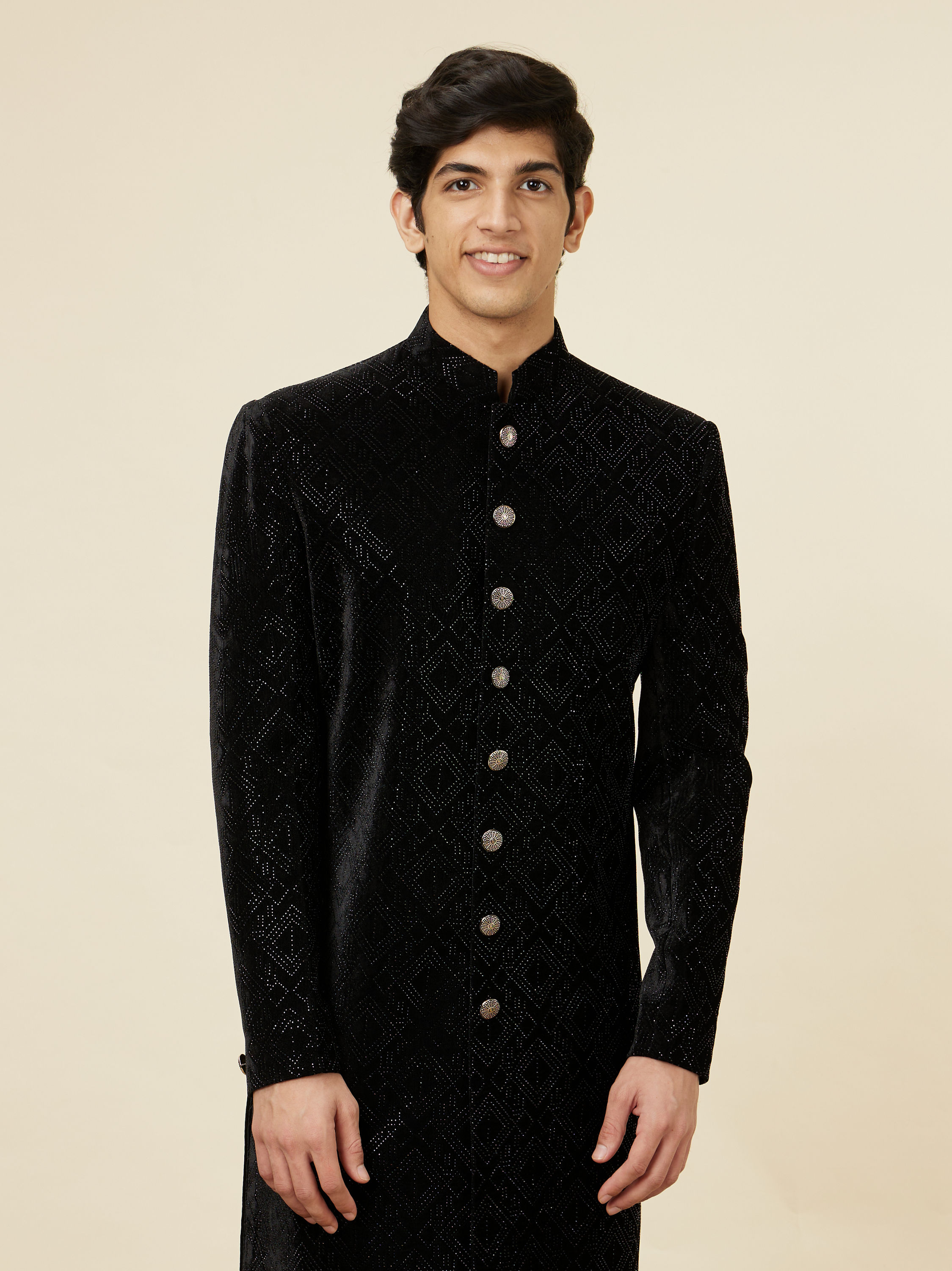 Manyavar Men Kohl Black Diamond Patterned Sequined Sherwani Set