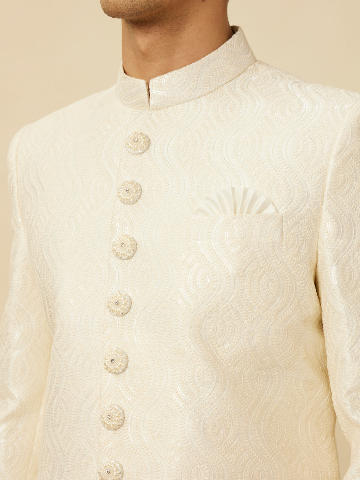 alt message - Manyavar Men Lush Cream Sequinned Sherwani Set image number 1