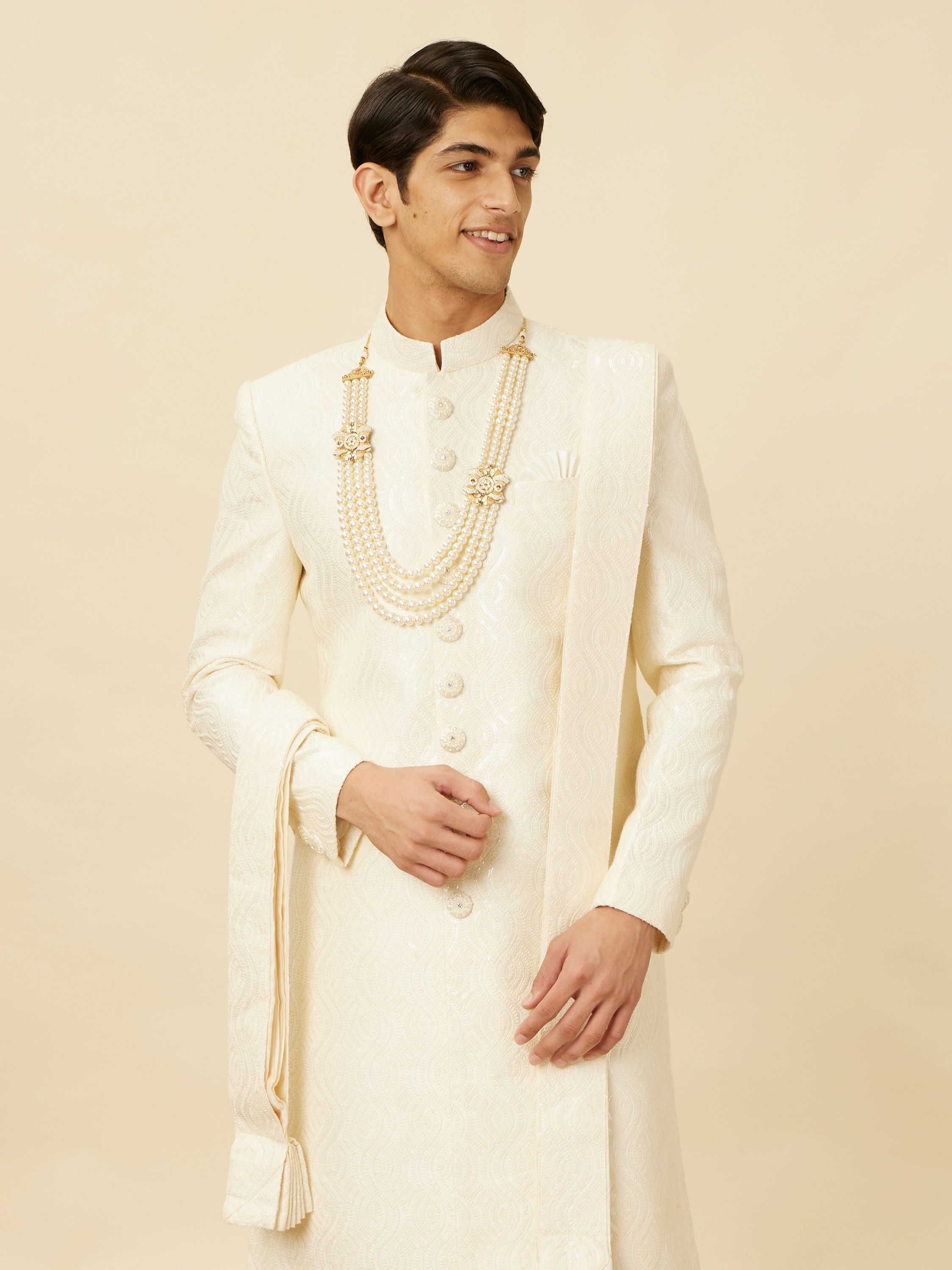 Manyavar Men Lush Cream Sequinned Sherwani Set