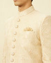 Manyavar Men Antique White Overlapping Wave Patterned Sherwani Set
