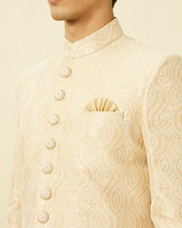 Manyavar Men Antique White Overlapping Wave Patterned Sherwani Set