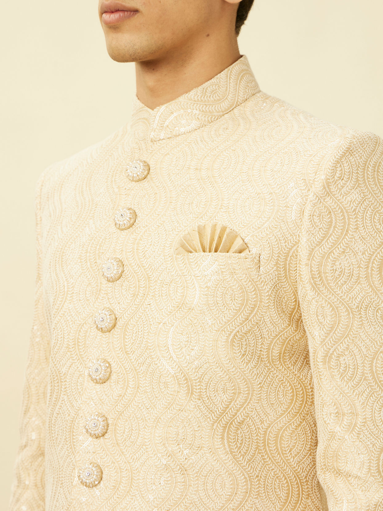 alt message - Manyavar Men Antique White Overlapping Wave Patterned Sherwani Set image number 1