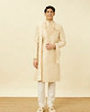 Manyavar Men Antique White Overlapping Wave Patterned Sherwani Set