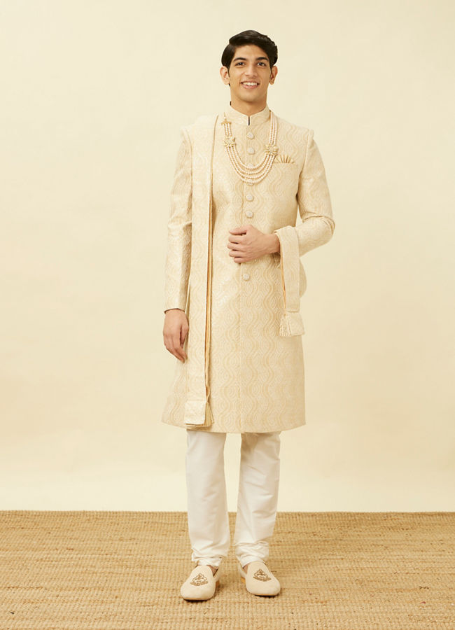 Manyavar Men Antique White Overlapping Wave Patterned Sherwani Set