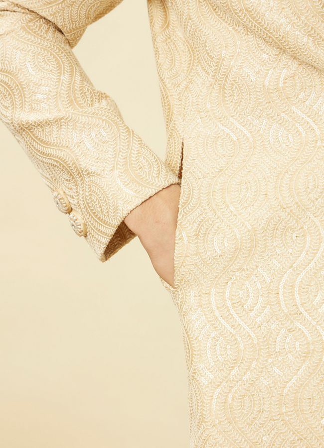 Manyavar Men Antique White Overlapping Wave Patterned Sherwani Set