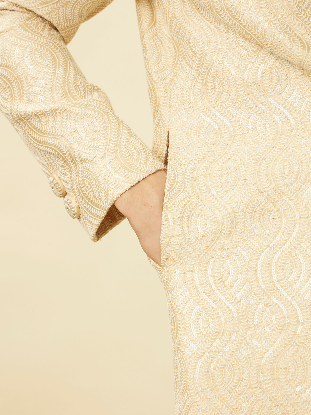 Manyavar Men Antique White Overlapping Wave Patterned Sherwani Set