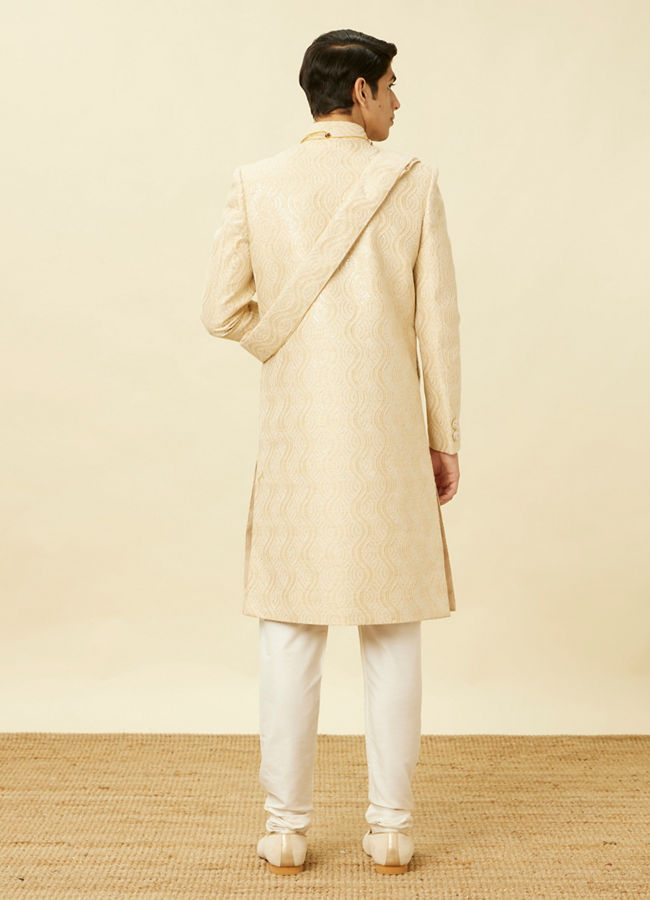 Manyavar Men Antique White Overlapping Wave Patterned Sherwani Set
