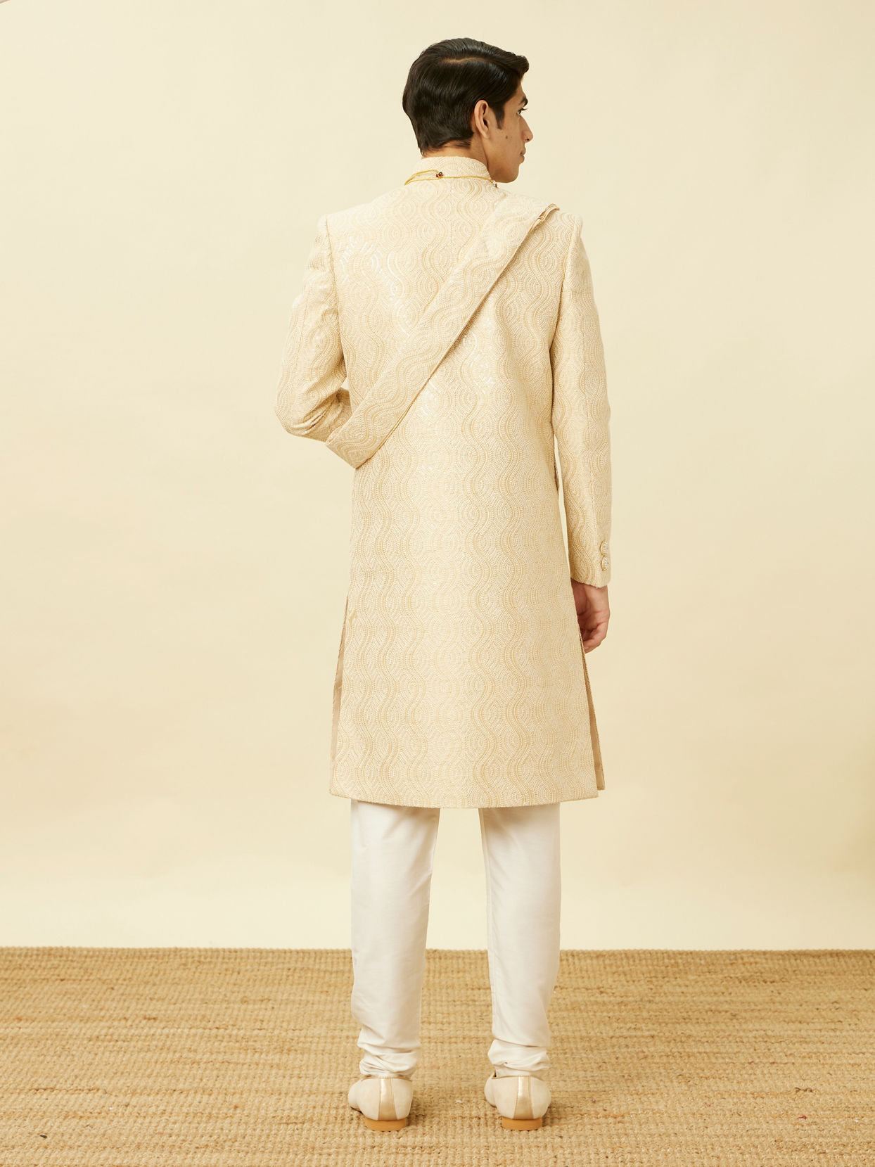 Manyavar Men Antique White Overlapping Wave Patterned Sherwani Set