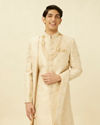 Manyavar Men Antique White Overlapping Wave Patterned Sherwani Set