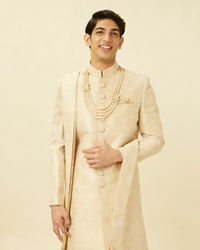 Manyavar Men Antique White Overlapping Wave Patterned Sherwani Set