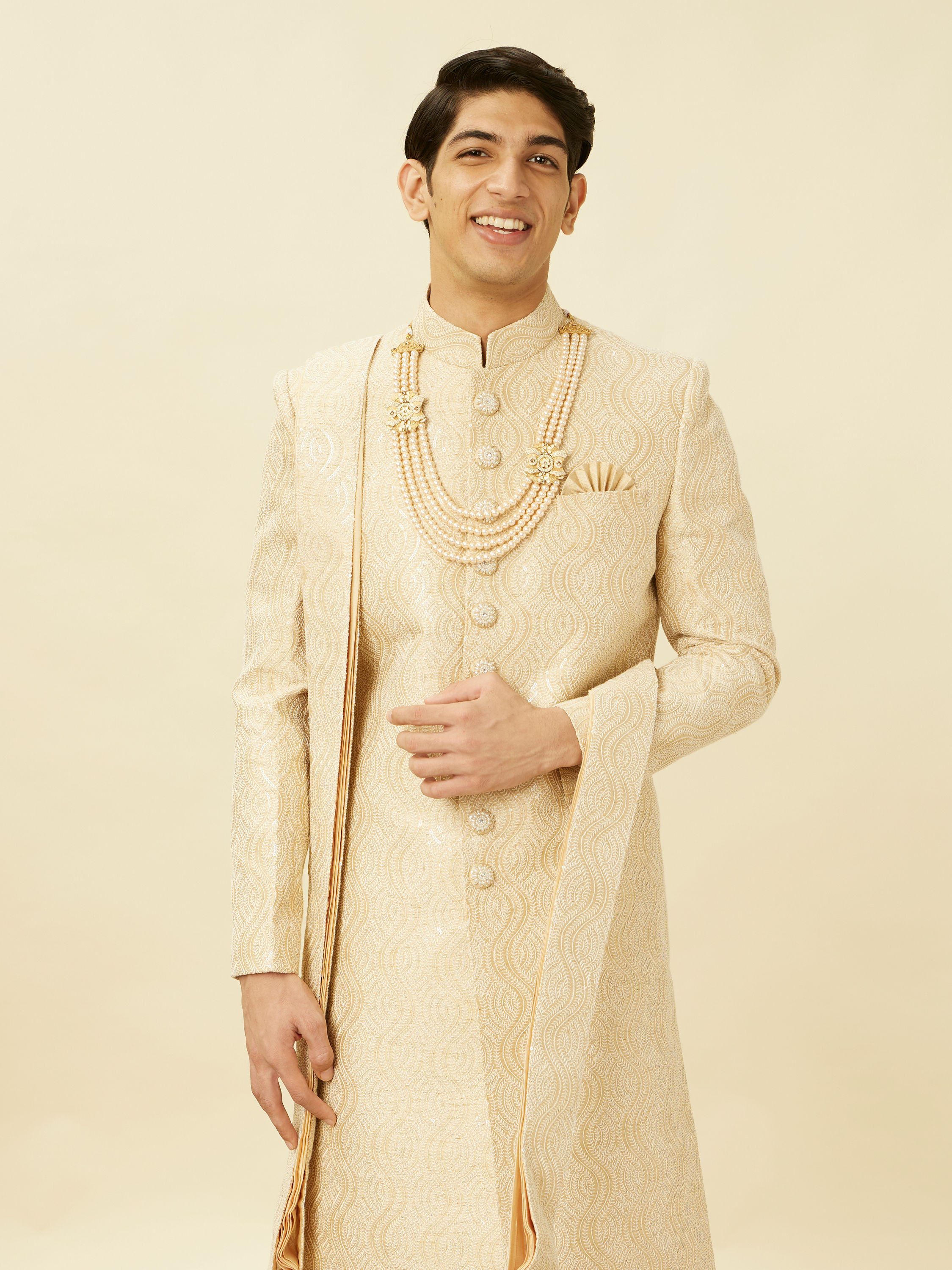 Manyavar Men Antique White Overlapping Wave Patterned Sherwani Set